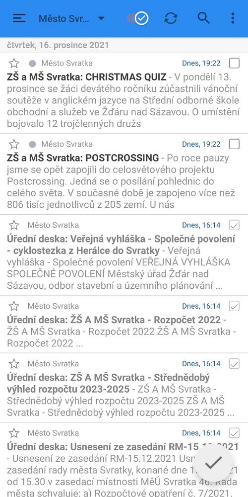 Náhled RSS kanálu webu Město-Svratka.cz v gReaderu na mobilním telefonu